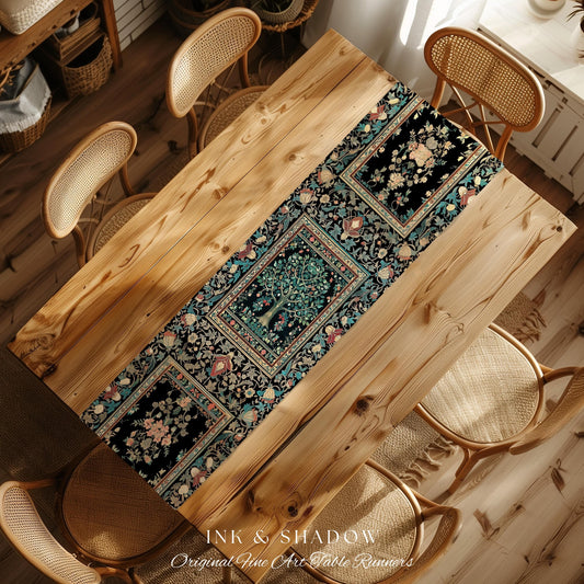 Mystic Ornamental Morris Inspired Tree Table Runner | Cool Tones Botanical Design Fairytale Floral Art Romantic Aesthetic Rococo Cottagecore