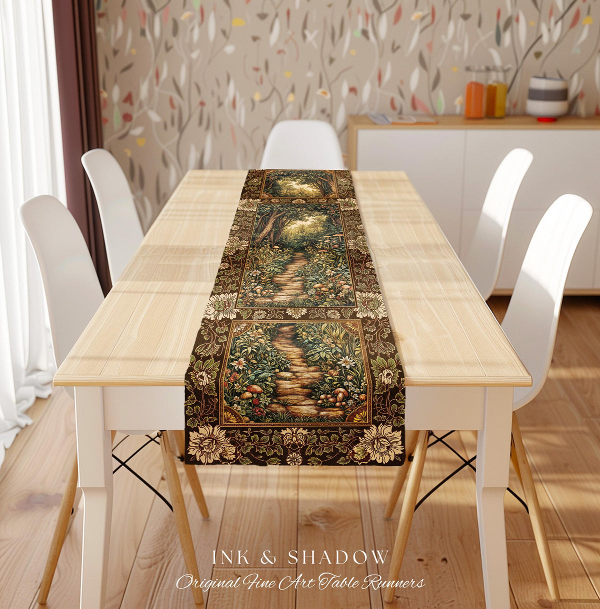 Mushroom Forest Magical Woodland Table Runner Ethereal Mystic Academia Vintage Folklore Art Forest Fairycore Whimsigoth Medieval Dining Room