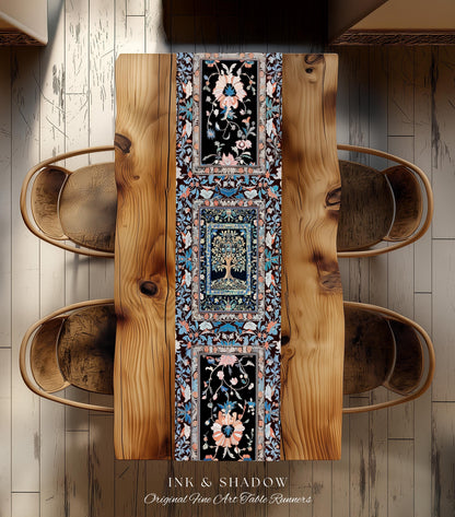 Indie Eclectic Medieval Tree of Life Table Runner | Baroque Botanical Maximalist Floral Decor Folklore Inspired Design Cottagecore Purple |
