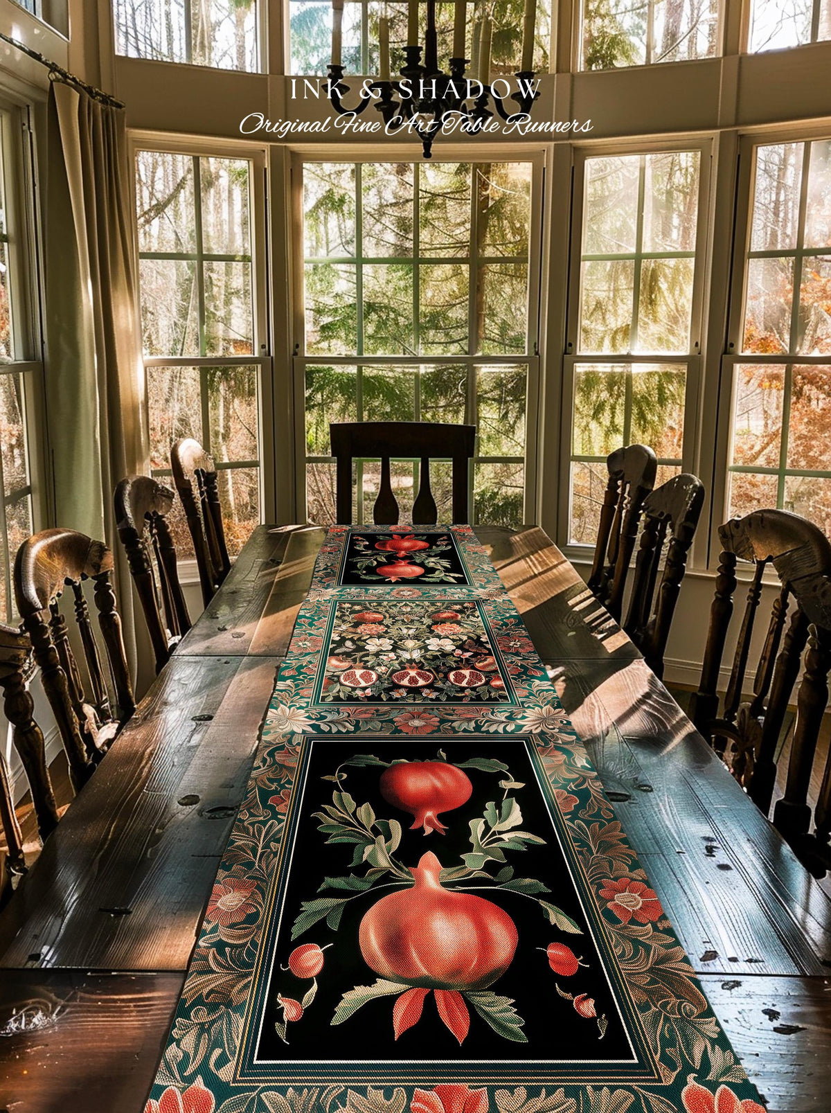 Witchy Floral Pomegranate Table Runner | Maximalist Bohemian Style Mystic Fairycore Aesthetic Forestcore Woodland Botanical Dining Room |