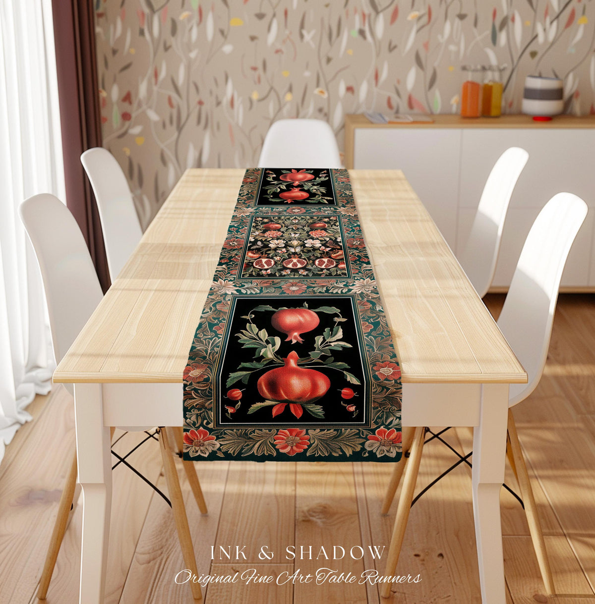 Witchy Floral Pomegranate Table Runner | Maximalist Bohemian Style Mystic Fairycore Aesthetic Forestcore Woodland Botanical Dining Room |