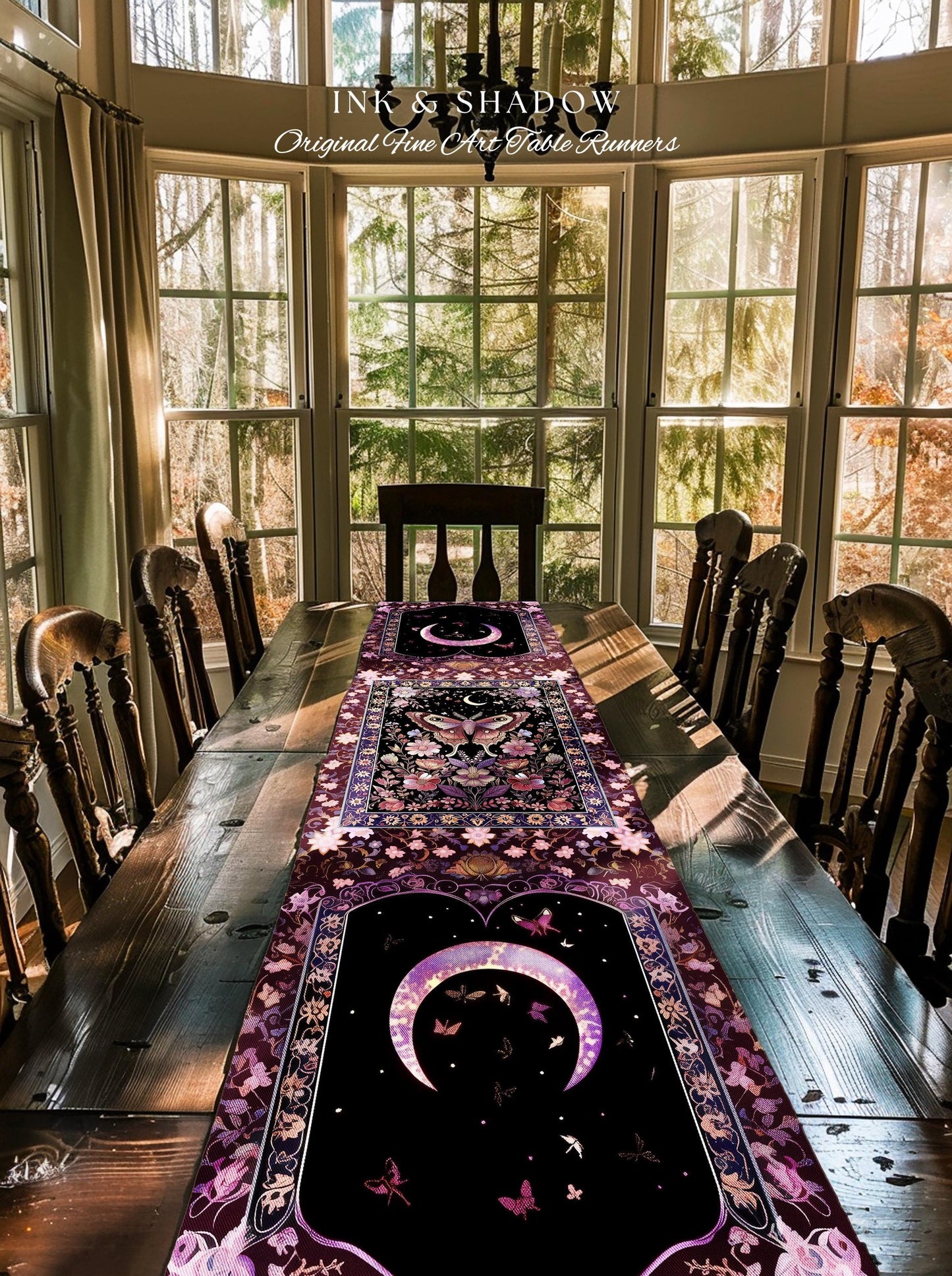 Purple Moth Celestial Table Runner Boho Fairycore Dark Floral Decor | Enchanted Goth Cottagecore Butterfly Lovers Moth Moon Whimsical Altar