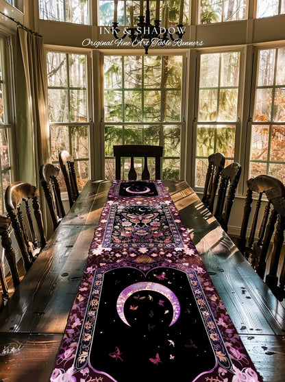 Purple Moth Celestial Table Runner Boho Fairycore Dark Floral Decor | Enchanted Goth Cottagecore Butterfly Lovers Moth Moon Whimsical Altar