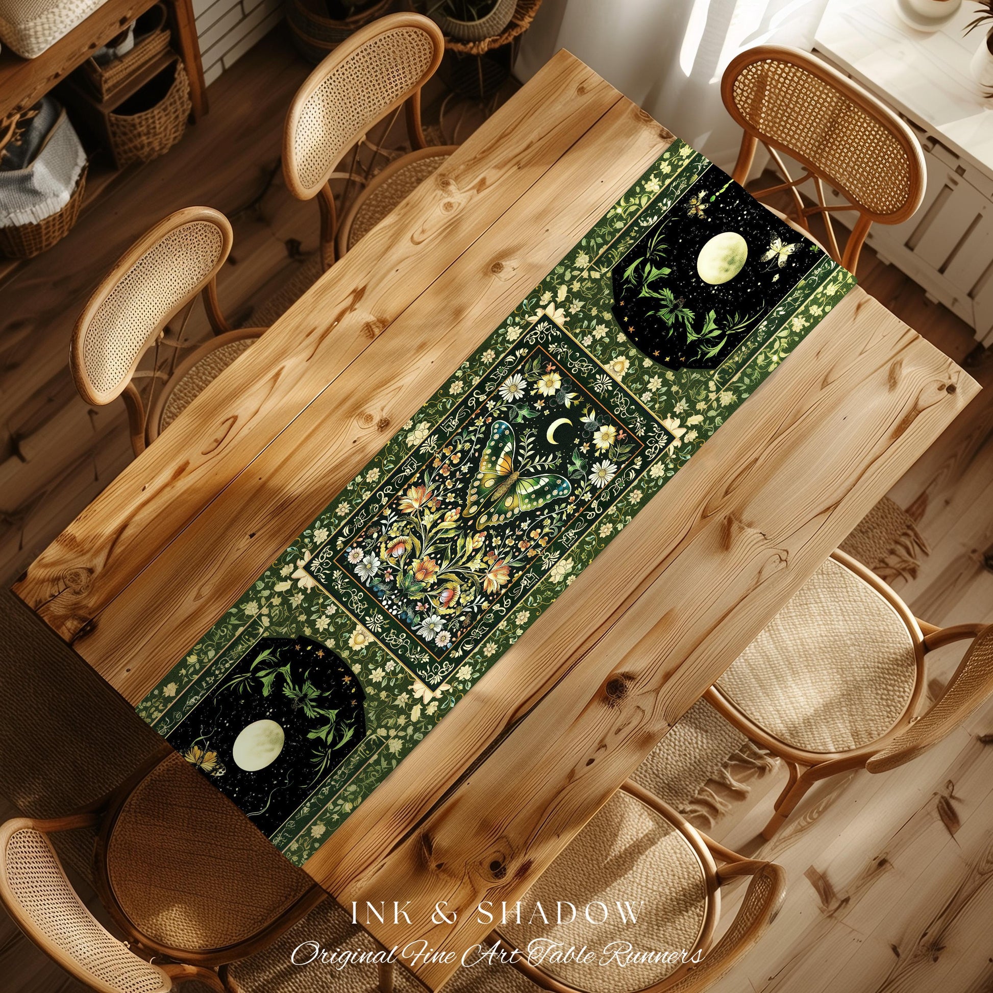 Woodland Gothic Botanical Moth Table Runner Witchy Dark Academia Aesthetic Dining Room Decor | Whimsical Green Cottagecore Butterfly Moth
