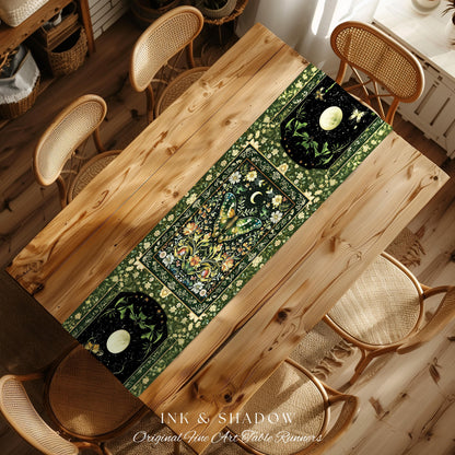 Woodland Gothic Botanical Moth Table Runner Witchy Dark Academia Aesthetic Dining Room Decor | Whimsical Green Cottagecore Butterfly Moth
