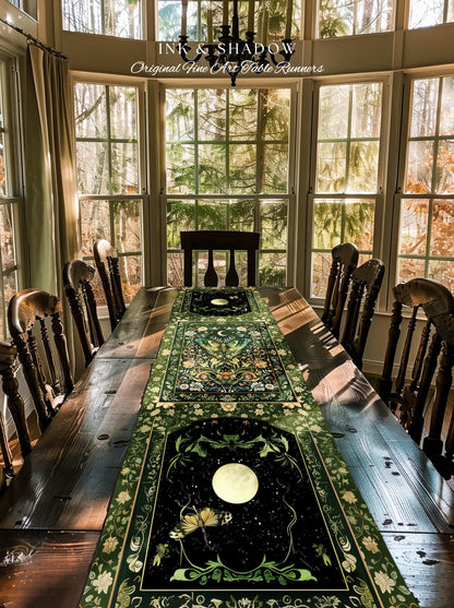 Woodland Gothic Botanical Moth Table Runner Witchy Dark Academia Aesthetic Dining Room Decor | Whimsical Green Cottagecore Butterfly Moth