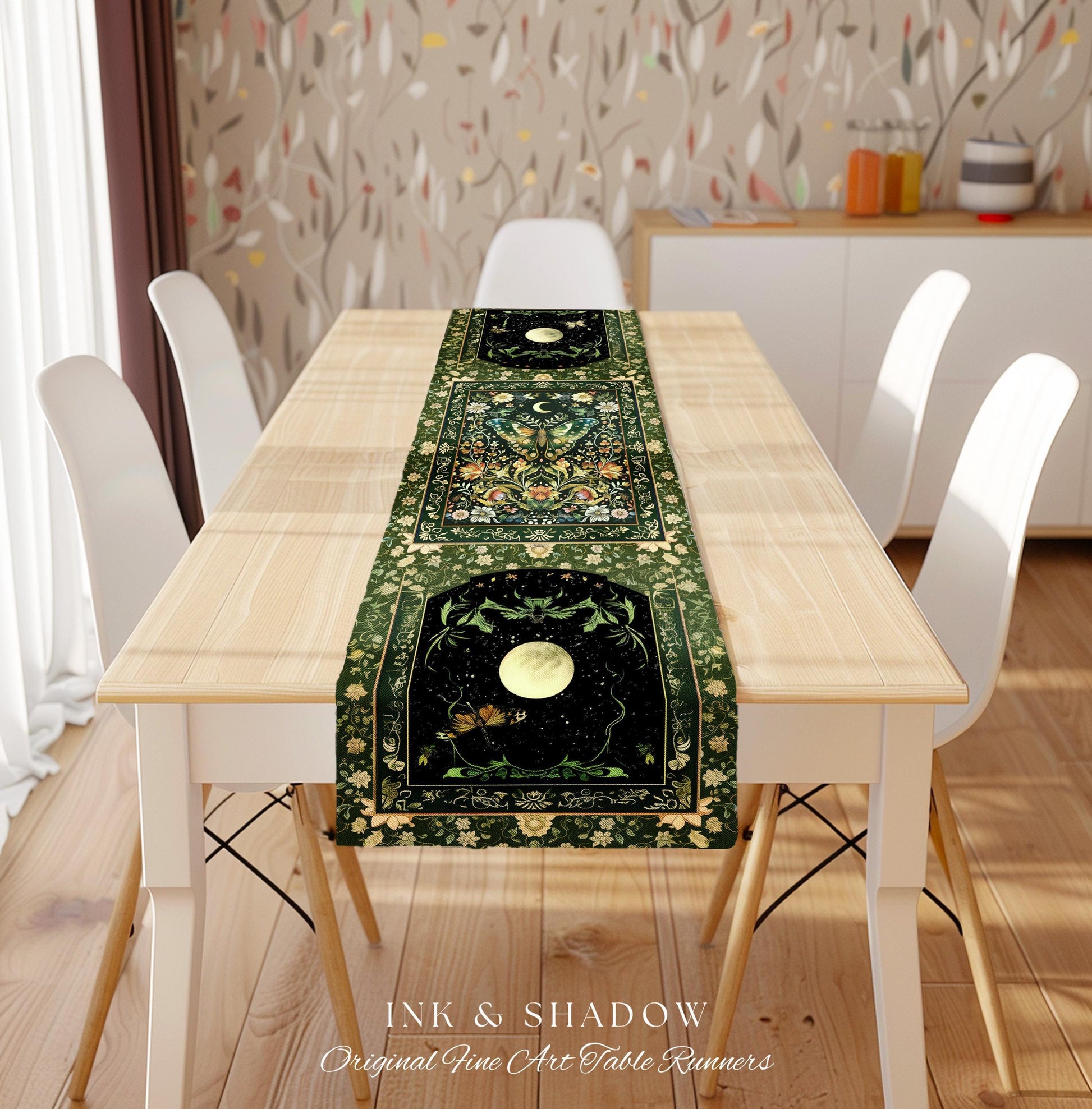 Woodland Gothic Botanical Moth Table Runner Witchy Dark Academia Aesthetic Dining Room Decor | Whimsical Green Cottagecore Butterfly Moth