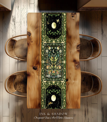Woodland Gothic Botanical Moth Table Runner Witchy Dark Academia Aesthetic Dining Room Decor | Whimsical Green Cottagecore Butterfly Moth