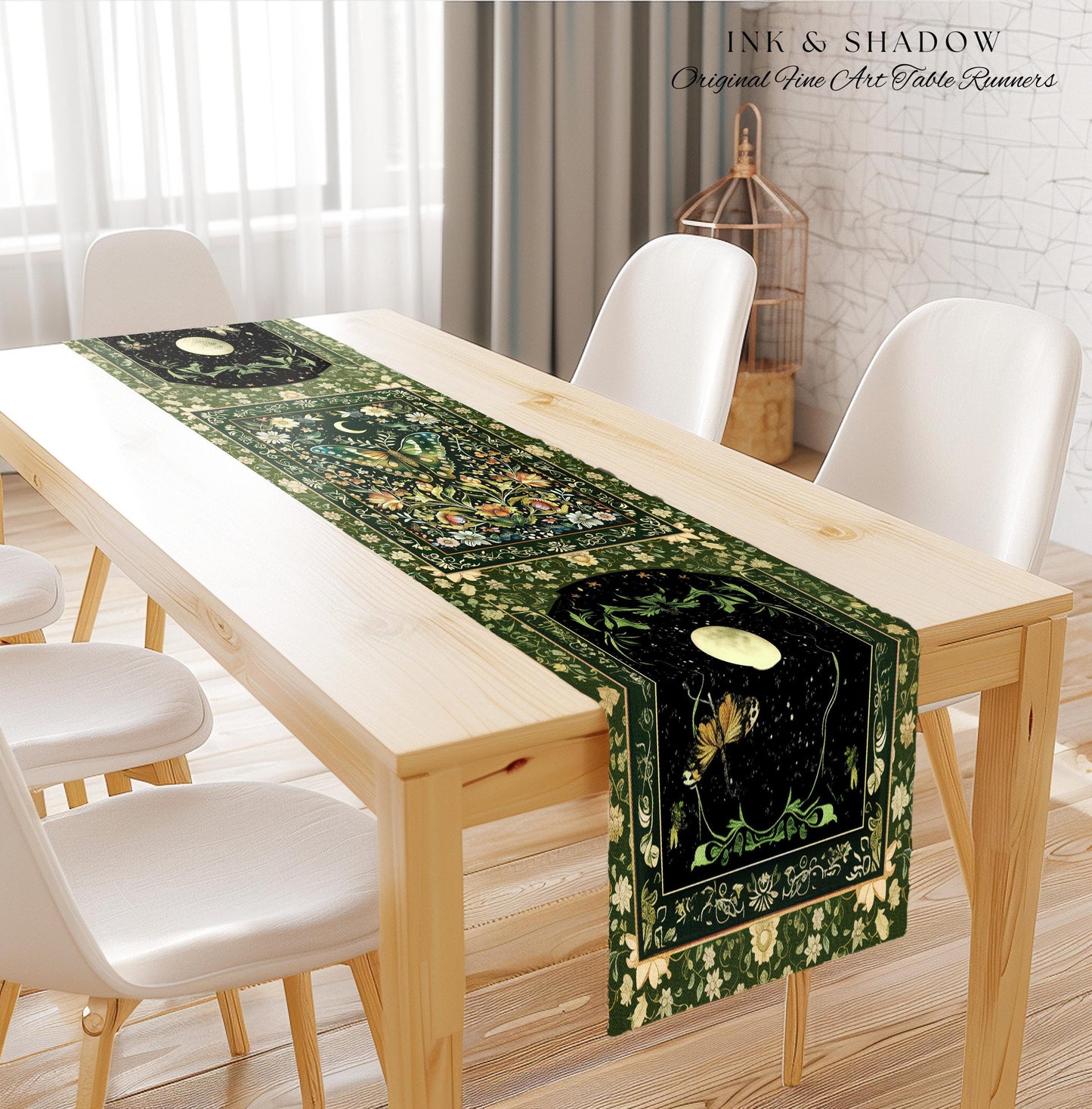 Woodland Gothic Botanical Moth Table Runner Witchy Dark Academia Aesthetic Dining Room Decor | Whimsical Green Cottagecore Butterfly Moth