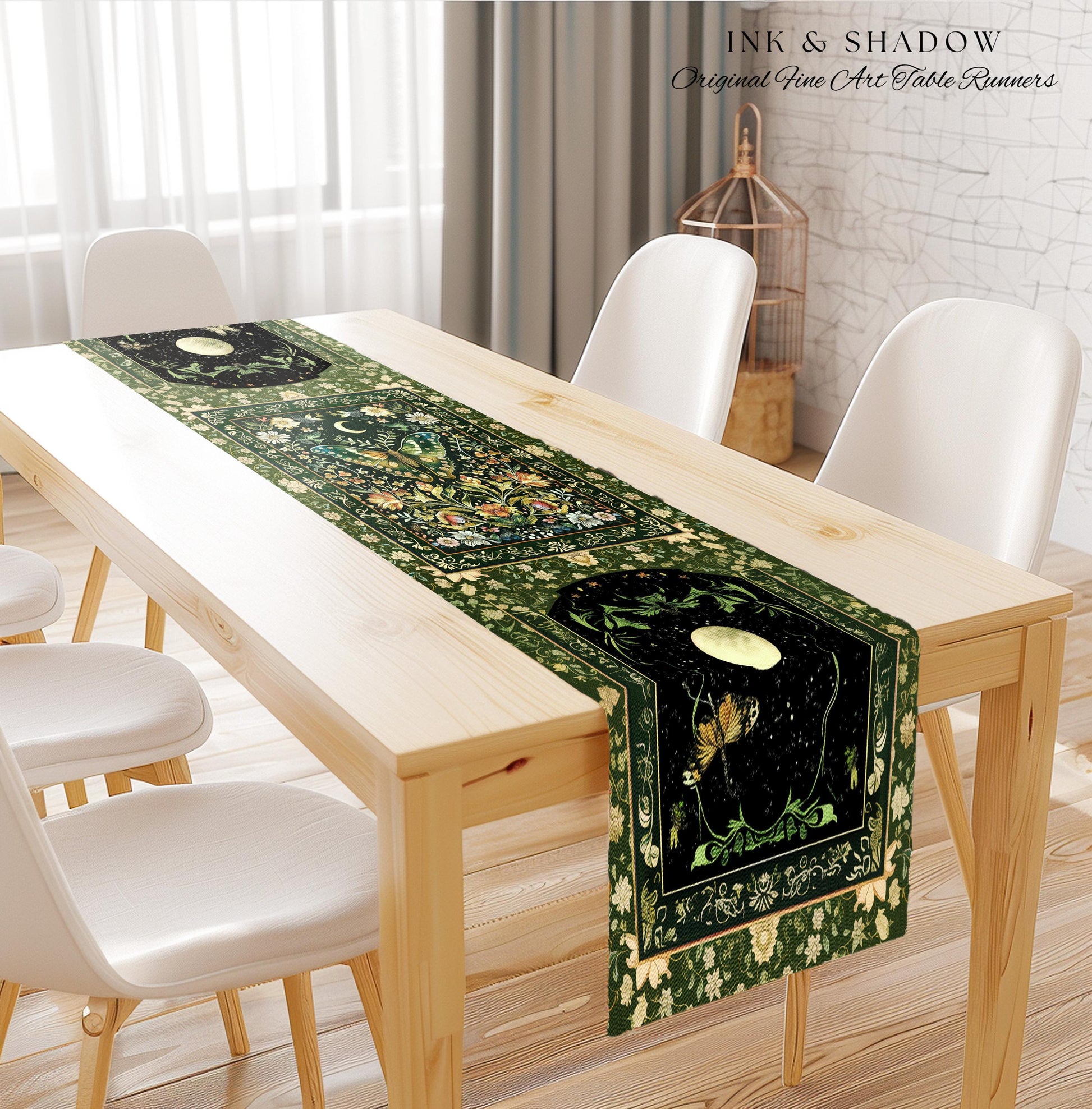 Woodland Gothic Botanical Moth Table Runner Witchy Dark Academia Aesthetic Dining Room Decor | Whimsical Green Cottagecore Butterfly Moth