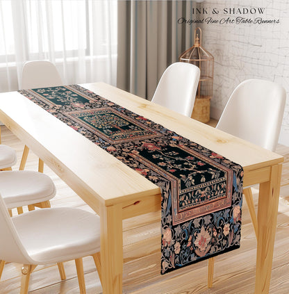 Victorian Folk Art Tree Table Runner | Floral Morris Inspired Dining Room Red Rose Ornate Rococo Classical Medieval Garden Design Maximalist