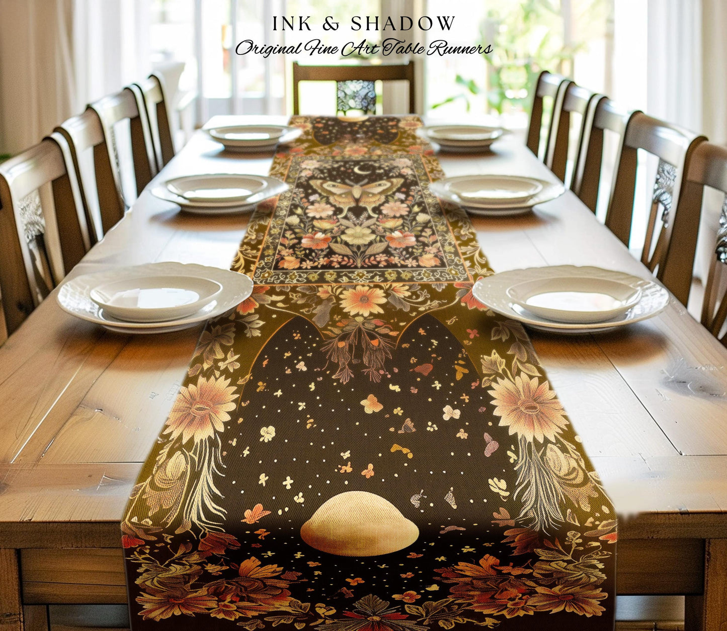Rustic Floral Cottageore Moth Table Runner Vintage Aesthetic Fairycore Dining Room Decor | Dark Academia Botanical Butterfly Moth Witchy |