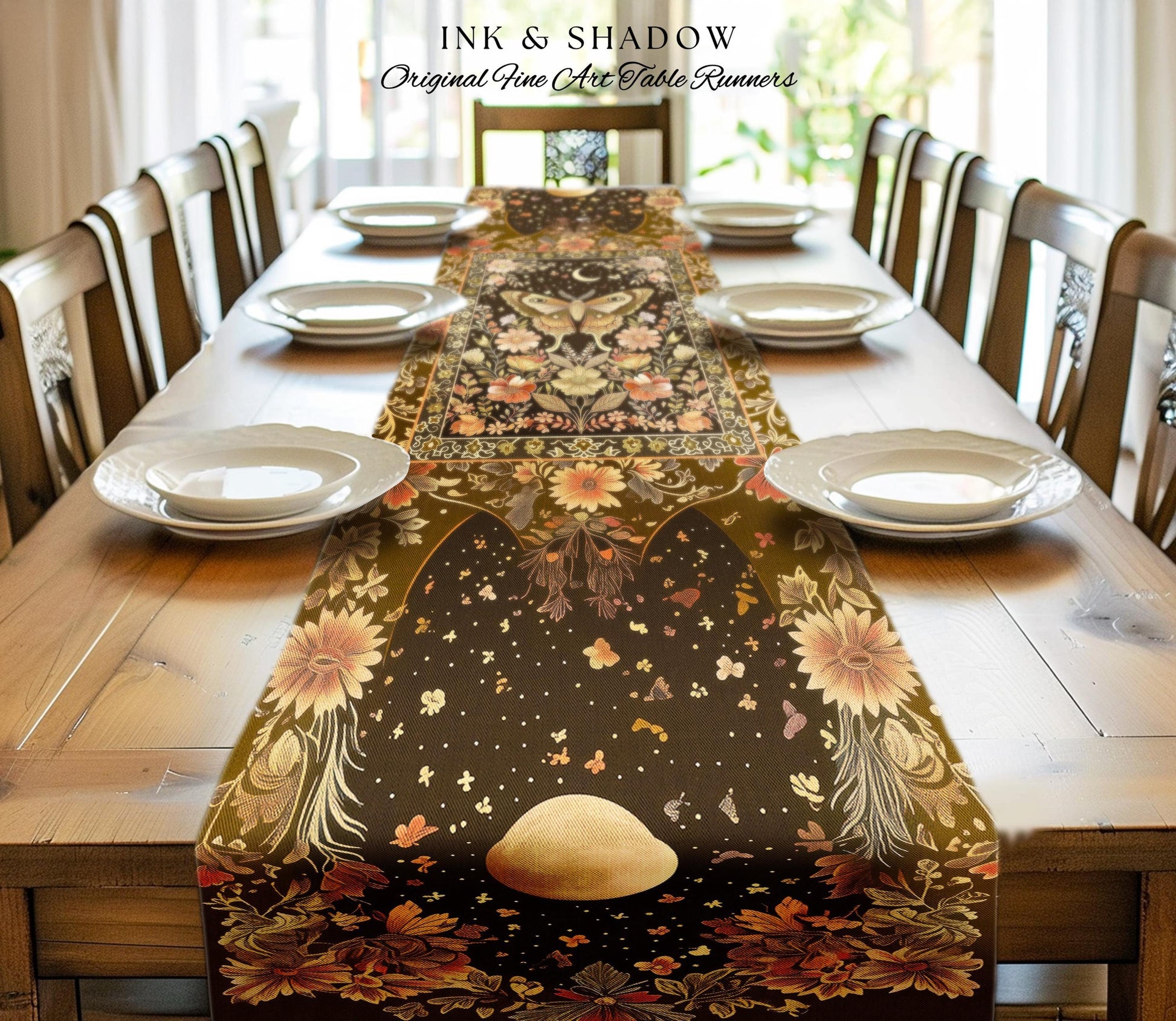 Rustic Floral Cottageore Moth Table Runner Vintage Aesthetic Fairycore Dining Room Decor | Dark Academia Botanical Butterfly Moth Witchy |