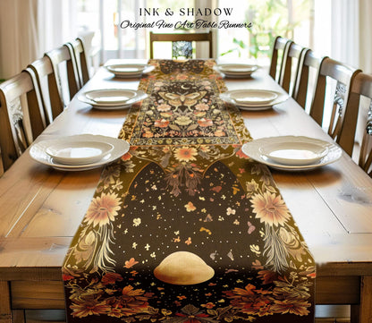 Rustic Floral Cottageore Moth Table Runner Vintage Aesthetic Fairycore Dining Room Decor | Dark Academia Botanical Butterfly Moth Witchy |