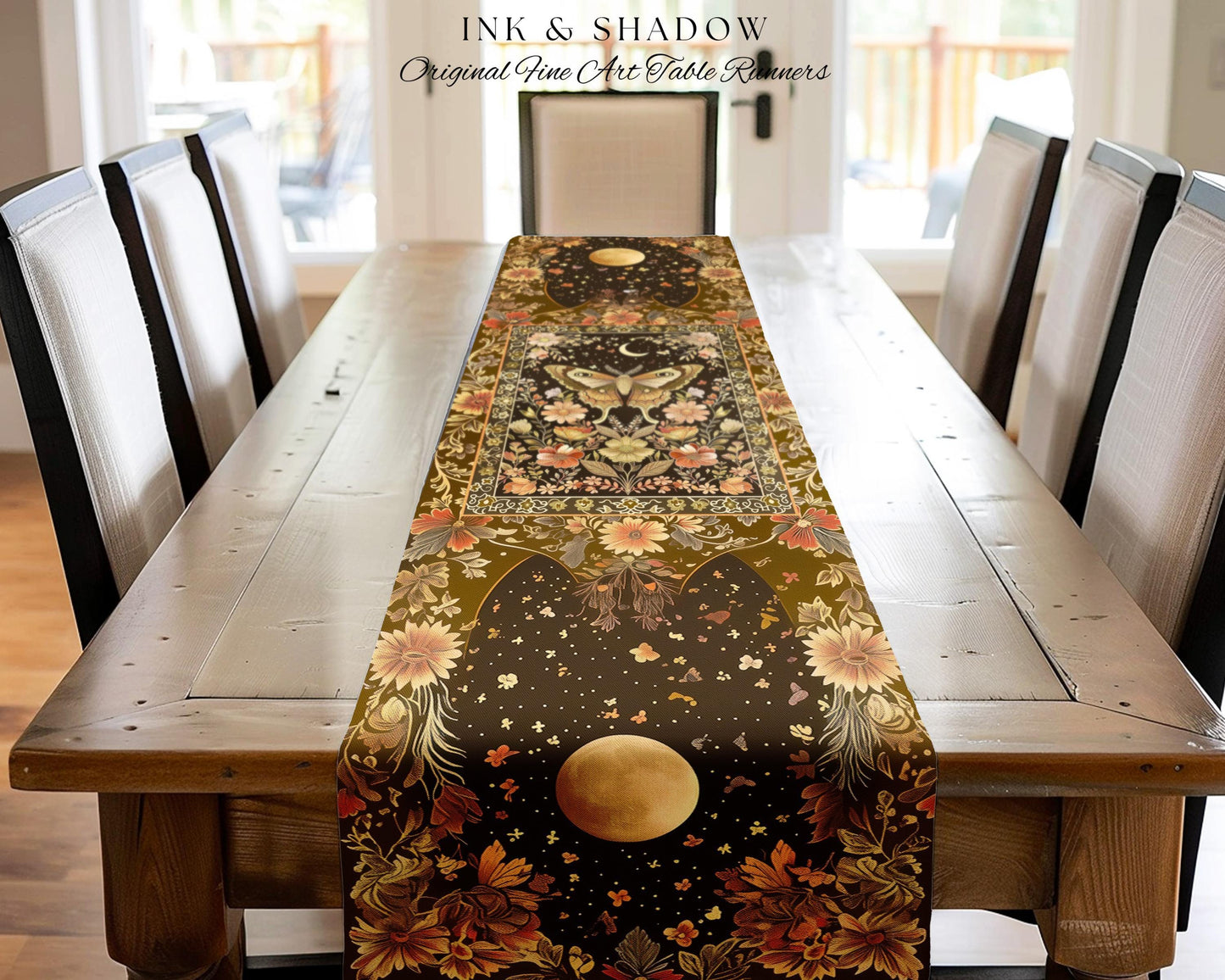 Rustic Floral Cottageore Moth Table Runner Vintage Aesthetic Fairycore Dining Room Decor | Dark Academia Botanical Butterfly Moth Witchy |
