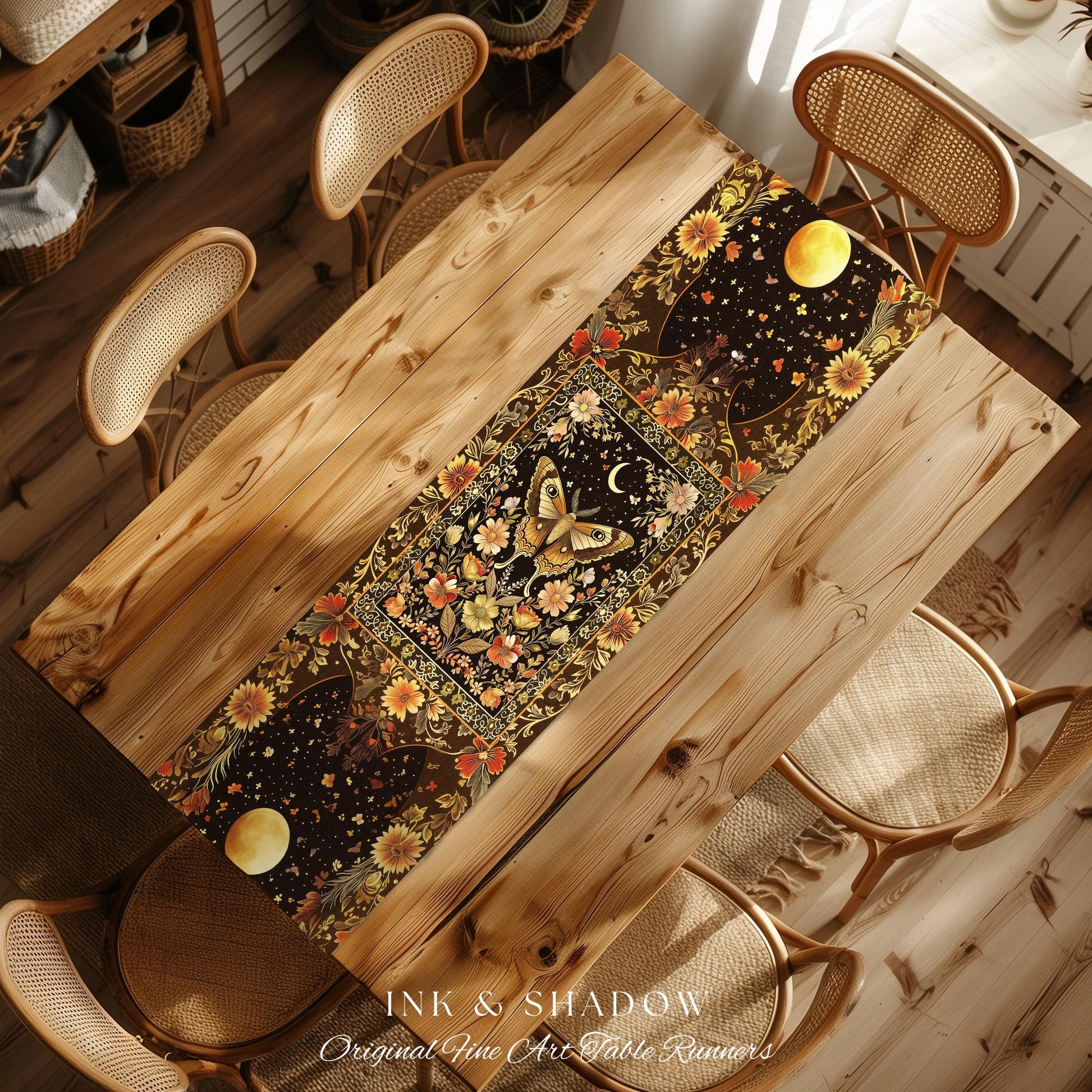 Rustic Floral Cottageore Moth Table Runner Vintage Aesthetic Fairycore Dining Room Decor | Dark Academia Botanical Butterfly Moth Witchy |