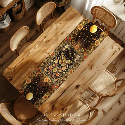 Rustic Floral Cottageore Moth Table Runner Vintage Aesthetic Fairycore Dining Room Decor | Dark Academia Botanical Butterfly Moth Witchy |