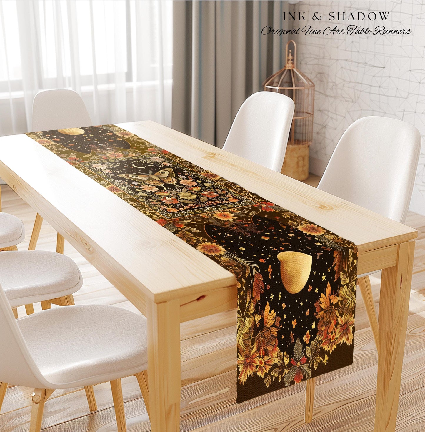 Rustic Floral Cottageore Moth Table Runner Vintage Aesthetic Fairycore Dining Room Decor | Dark Academia Botanical Butterfly Moth Witchy |