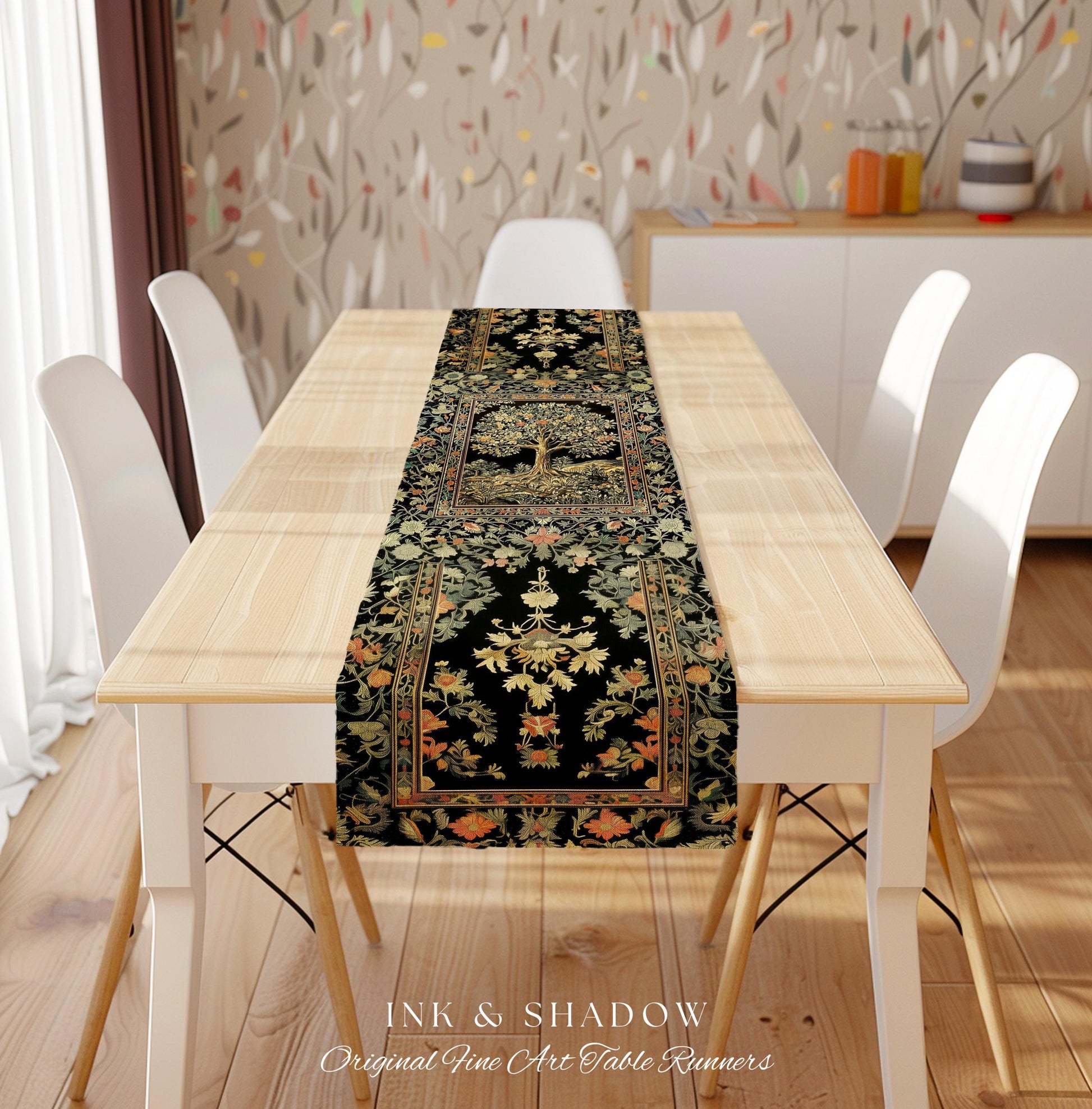 Regal Woodland Tree Table Runner | Floral Heritage Decor Parisian Style Gothic Cottagecore Aesthetic Traditional Dining Room Chateaucore |