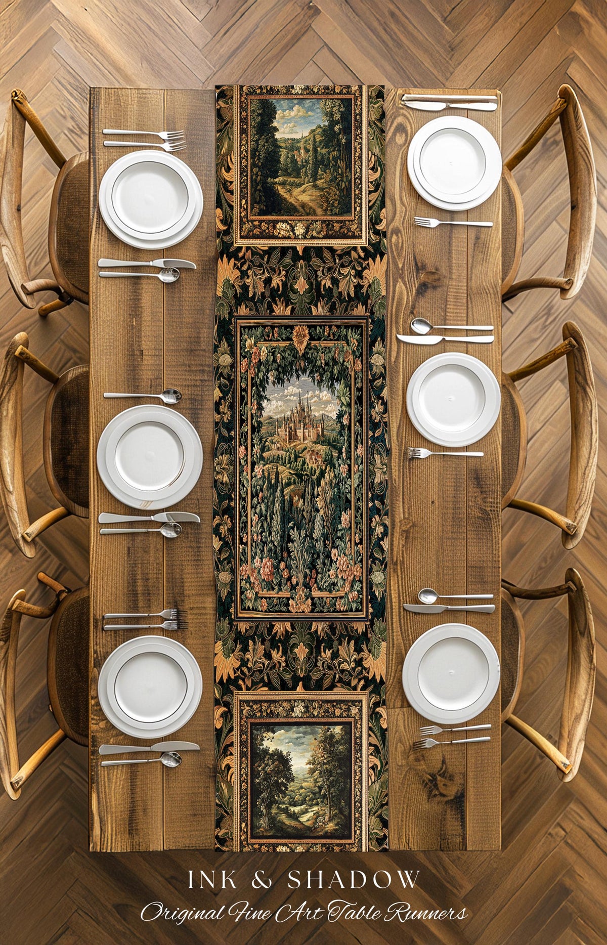 Dark Academia Victorian Royal Table Runner | Fantasy Dining Room Boho Woodland Princess Medieval Rustic Floral Landscape Coquette Maximalist