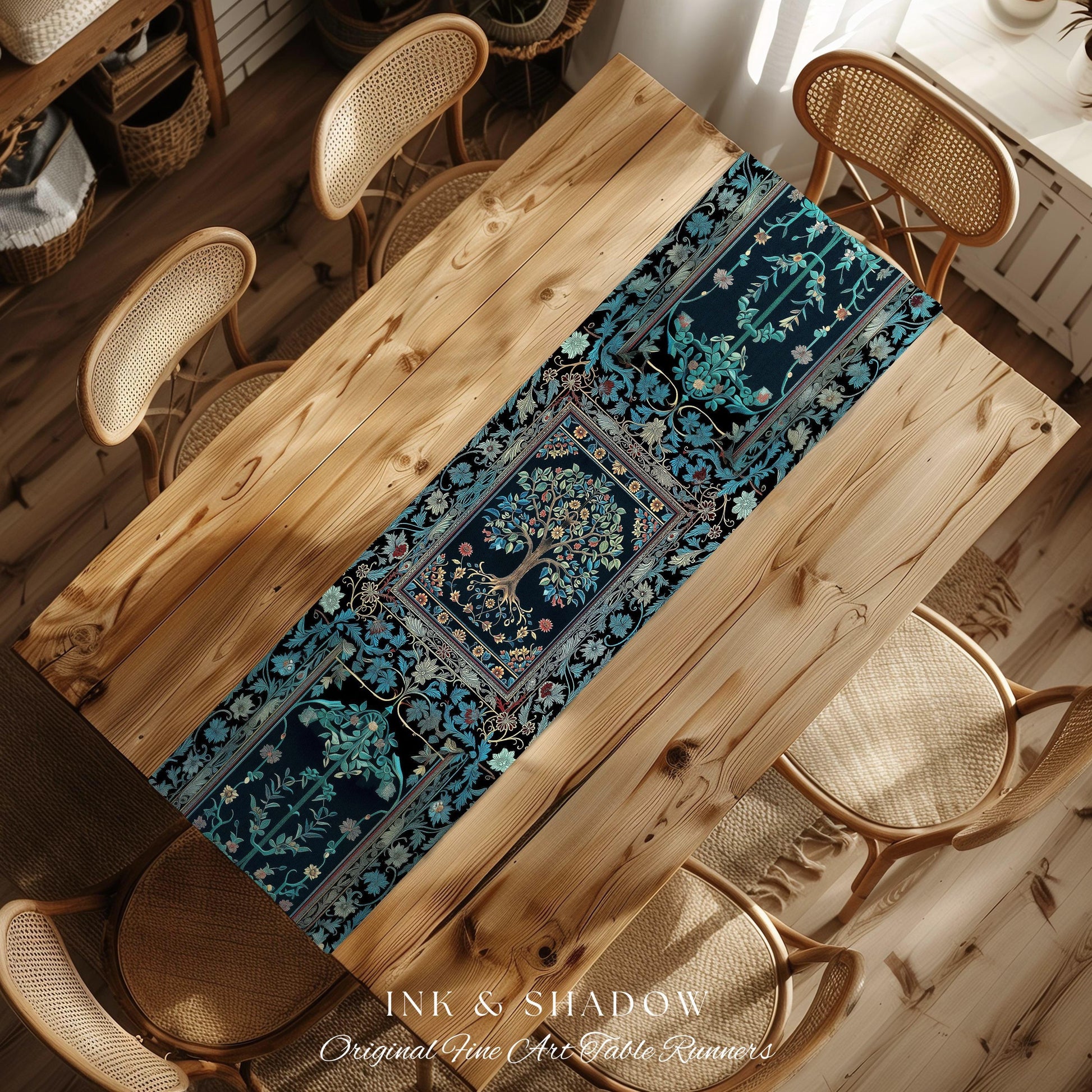 Moody Gothic Blues Tree of Life Table Runner | Mystical Garden Theme Vintage Floral Decor Romantic Folk Art Forestcore Maximalist Style |