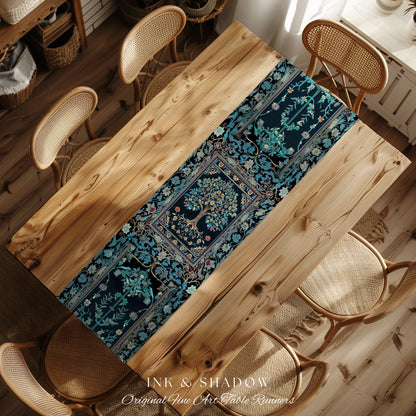 Moody Gothic Blues Tree of Life Table Runner | Mystical Garden Theme Vintage Floral Decor Romantic Folk Art Forestcore Maximalist Style |