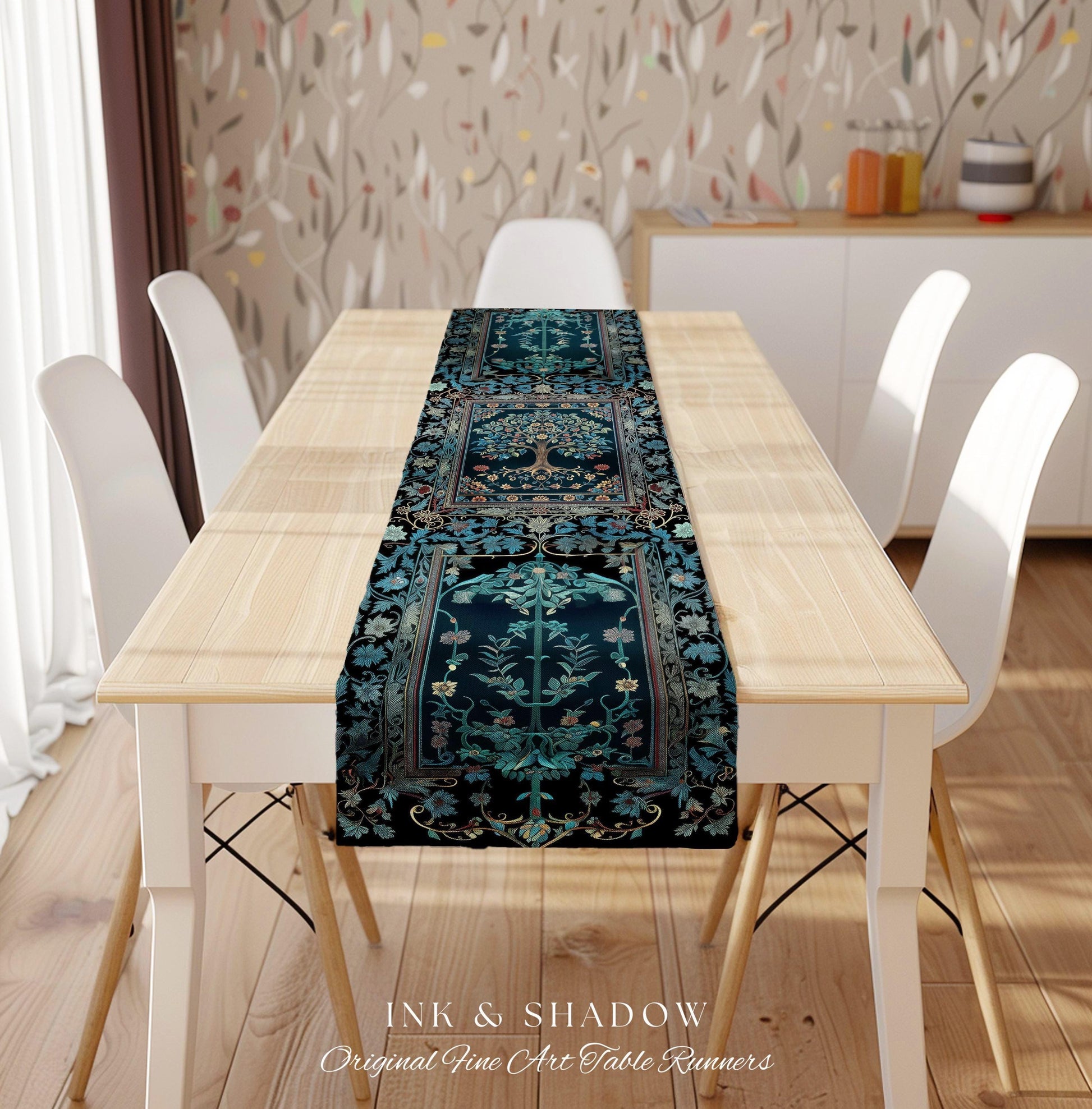 Moody Gothic Blues Tree of Life Table Runner | Mystical Garden Theme Vintage Floral Decor Romantic Folk Art Forestcore Maximalist Style |