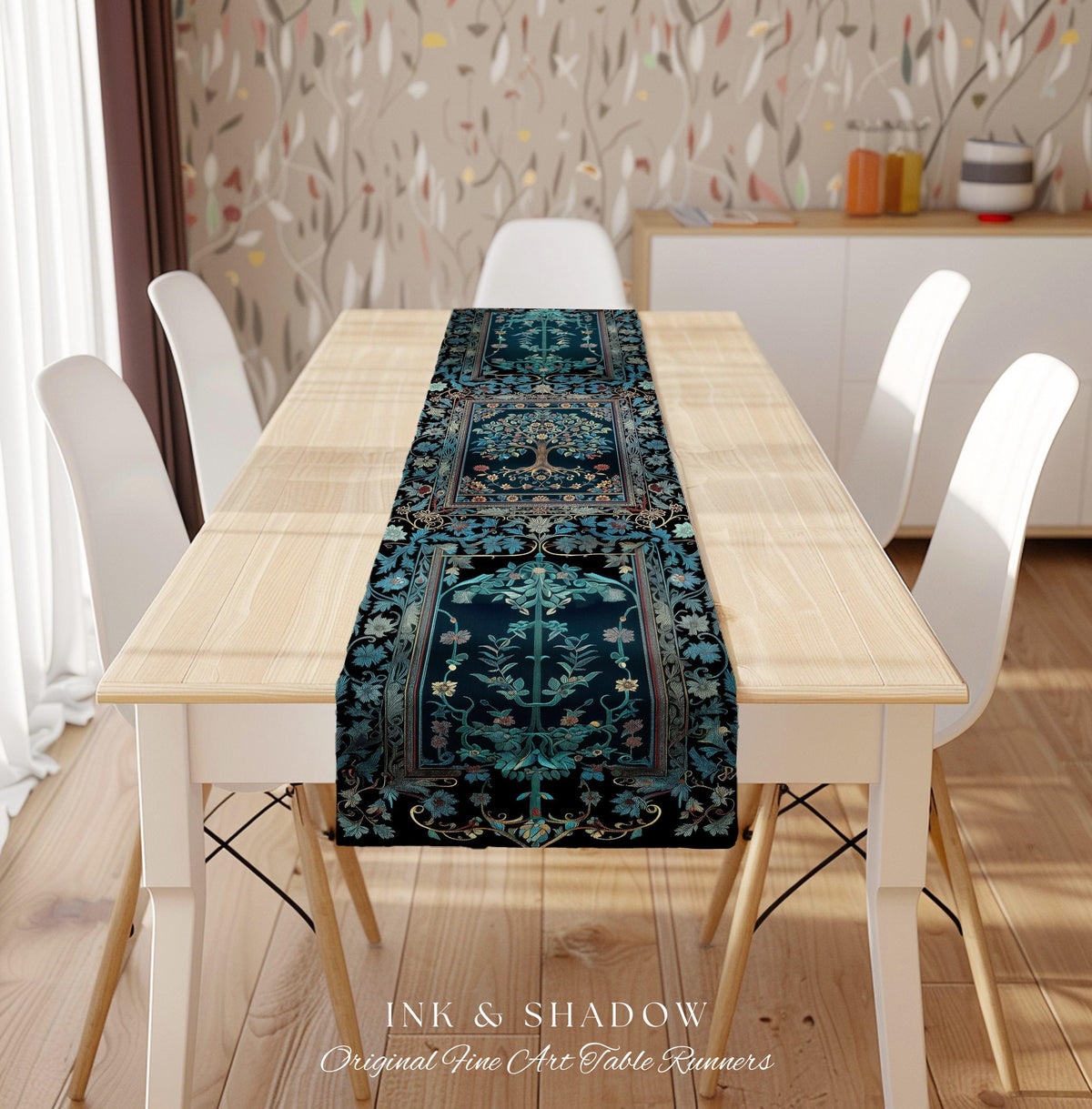 Moody Gothic Blues Tree of Life Table Runner | Mystical Garden Theme Vintage Floral Decor Romantic Folk Art Forestcore Maximalist Style |