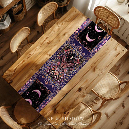 Witchy Botanical Moth Table Runner Whimsigothic Purple Floral Fairycore Aesthetic | Goth Cottagecore Butterfly Celestial Whimsy Dining Room
