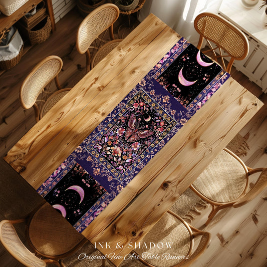 Witchy Botanical Moth Table Runner Whimsigothic Purple Floral Fairycore Aesthetic | Goth Cottagecore Butterfly Celestial Whimsy Dining Room