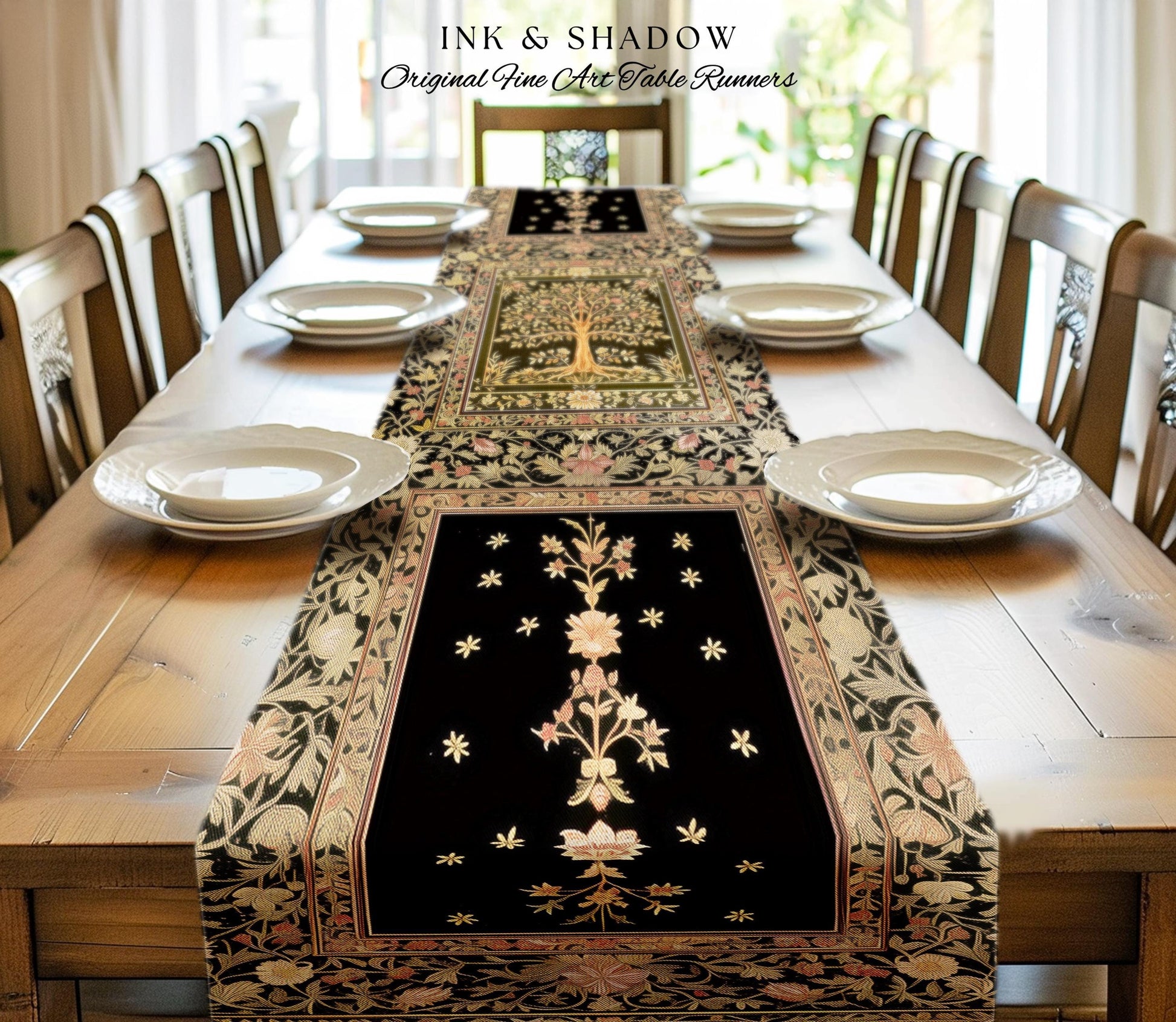 Baroque Forest Whimsical Table Runner | Ornate Botanical Design Gothic Cottagecore Decor Romantic Fairycore Vintage Floral Dining Room Boho