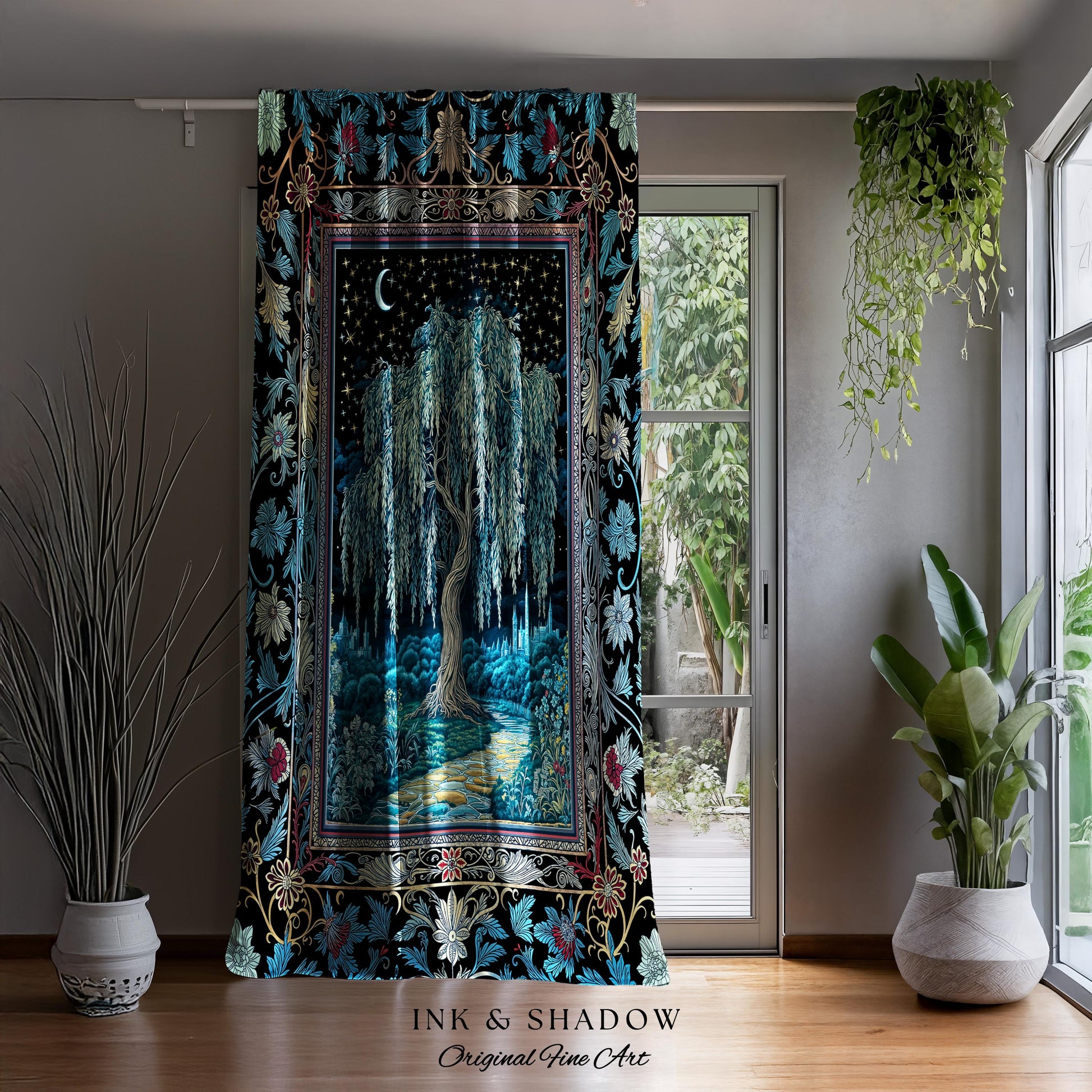 Starry Night Weeping Willow Tree Curtain | Woodland Folklore Aesthetic Moonlit Castle Fairytale Decor Ethereal Witchy Home Interior Accent