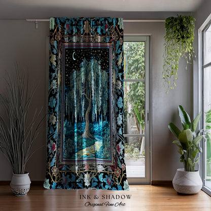 Starry Night Weeping Willow Tree Curtain | Woodland Folklore Aesthetic Moonlit Castle Fairytale Decor Ethereal Witchy Home Interior Accent