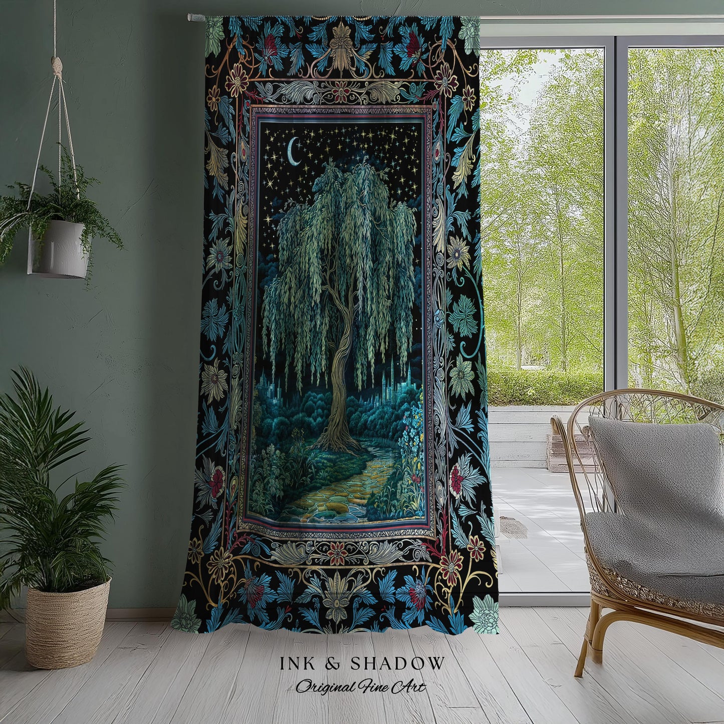 Starry Night Weeping Willow Tree Curtain | Woodland Folklore Aesthetic Moonlit Castle Fairytale Decor Ethereal Witchy Home Interior Accent