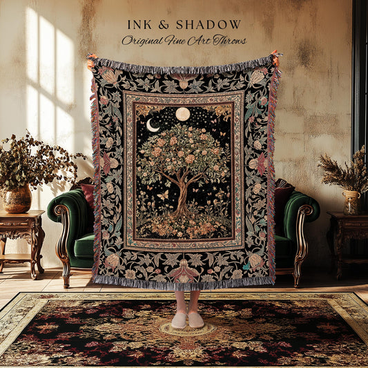 Rustic Medieval Fairycore Tree Throw Blanket Woven Cotton Wall Tapestry