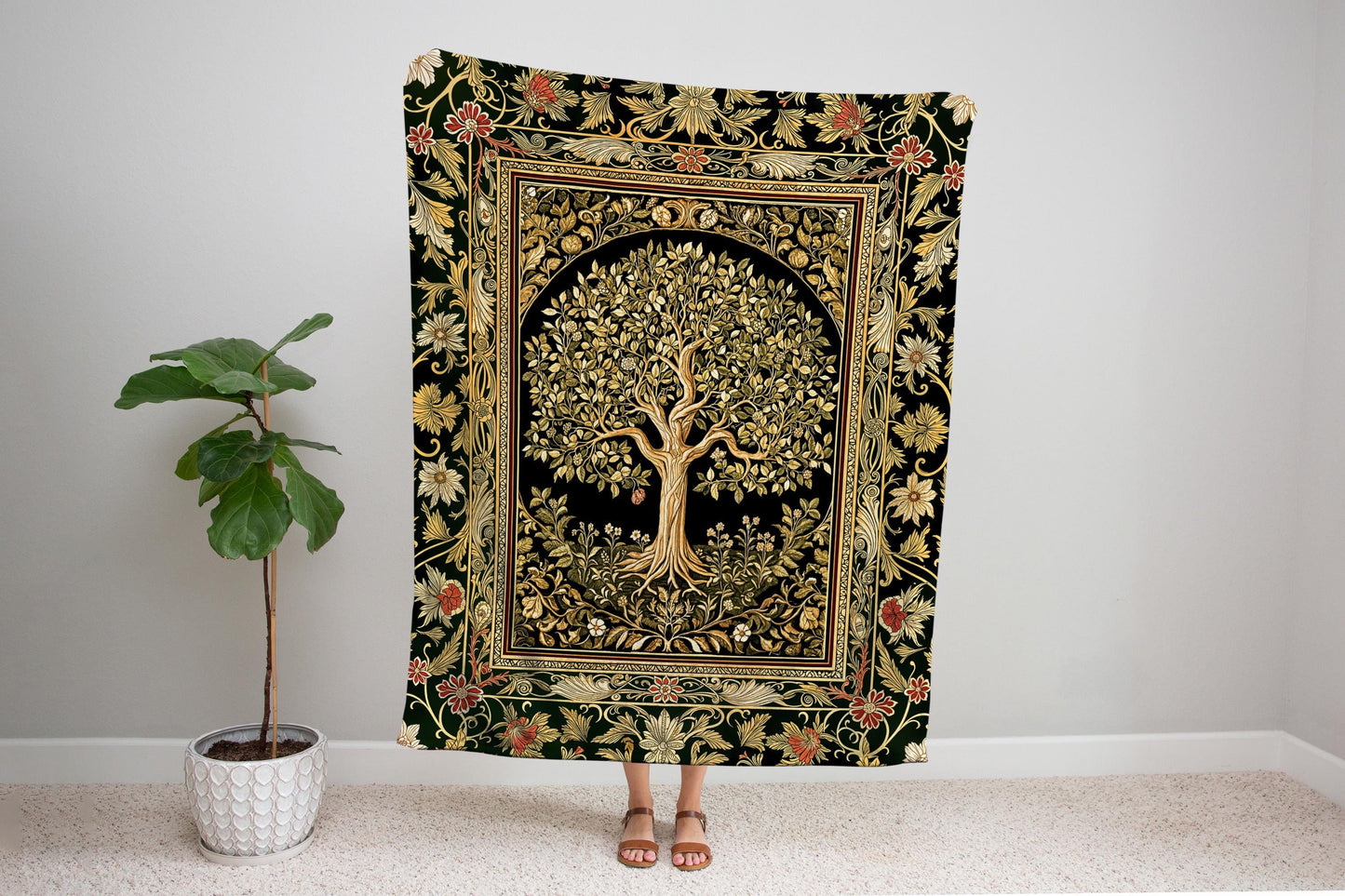 Tree of Life Fairytale Inspired Woven Throw Blanket Jacquard Tapestry