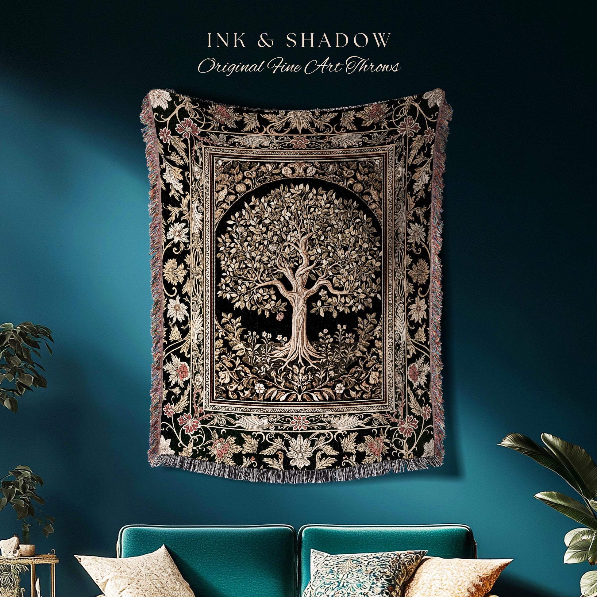 Tree of Life Fairytale Inspired Woven Throw Blanket Jacquard Tapestry