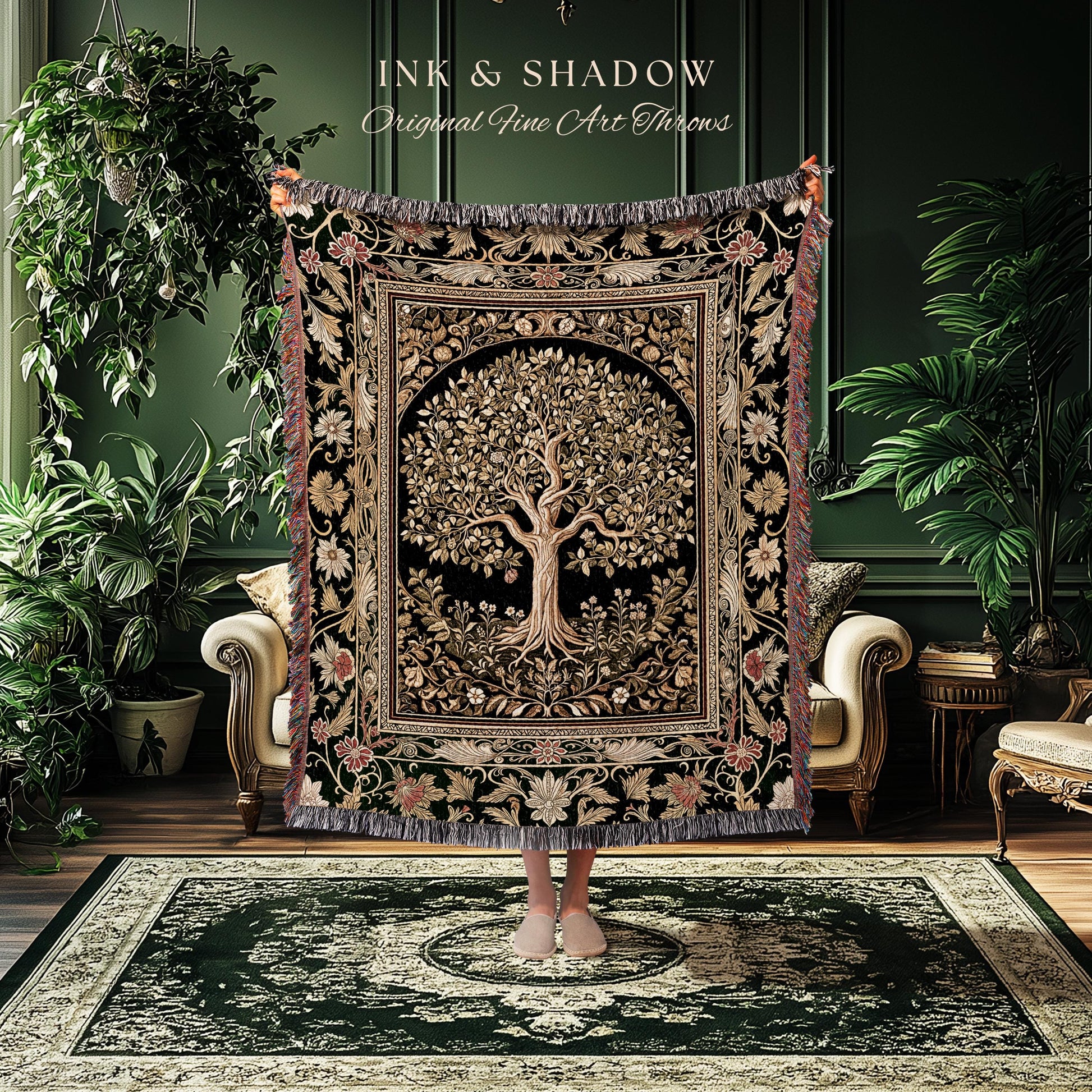 Tree of Life Fairytale Inspired Woven Throw Blanket Jacquard Tapestry