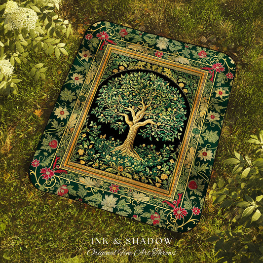 Forest Green Heritage Tree Tapestry Blanket Jacquard Woven Coverlet