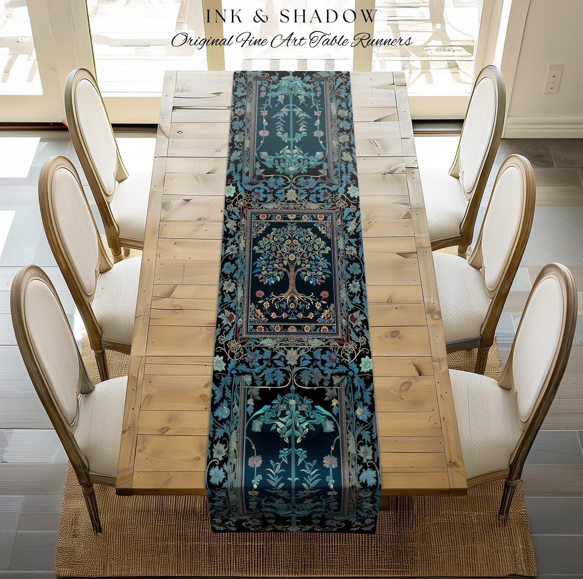 Moody Gothic Blues Tree of Life Table Runner | Mystical Garden Theme Vintage Floral Decor Romantic Folk Art Forestcore Maximalist Style |