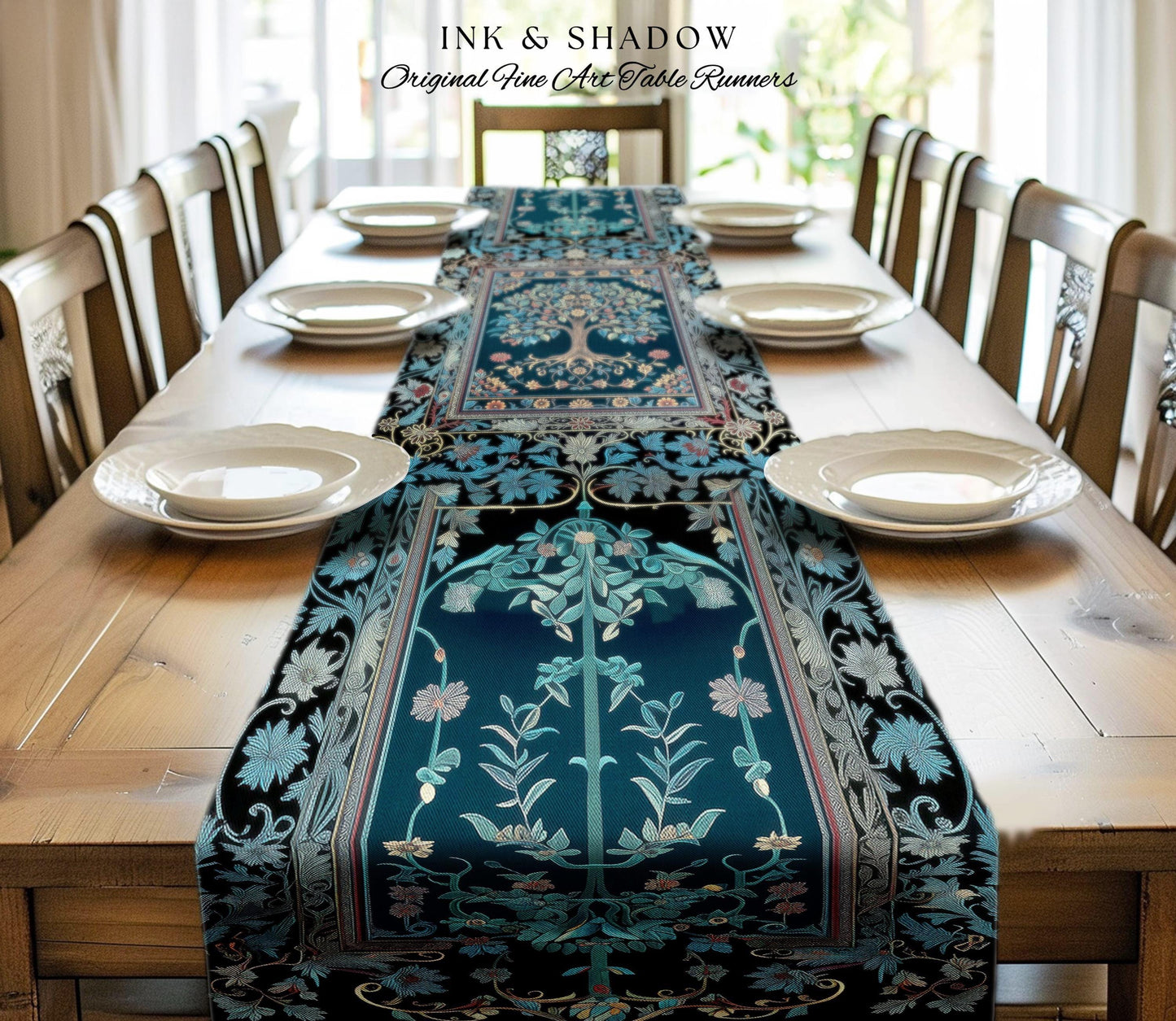 Moody Gothic Blues Tree of Life Table Runner | Mystical Garden Theme Vintage Floral Decor Romantic Folk Art Forestcore Maximalist Style |