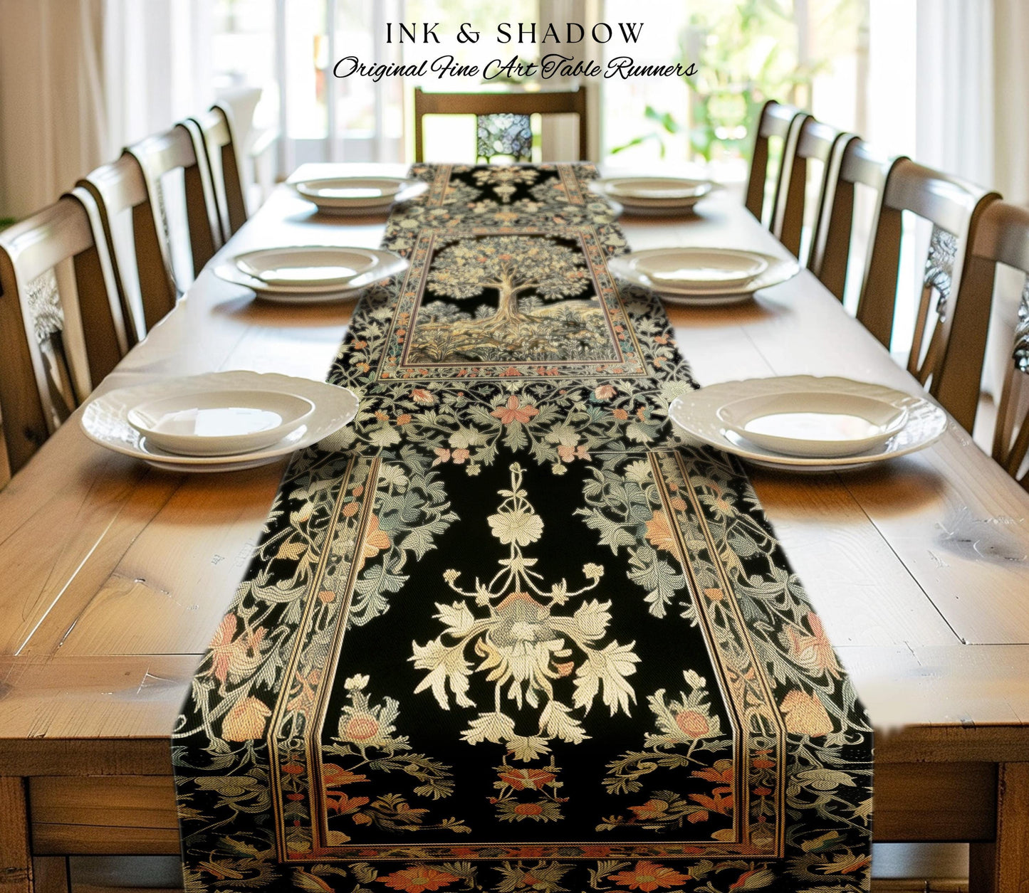 Regal Woodland Tree Table Runner | Floral Heritage Decor Parisian Style Gothic Cottagecore Aesthetic Traditional Dining Room Chateaucore |