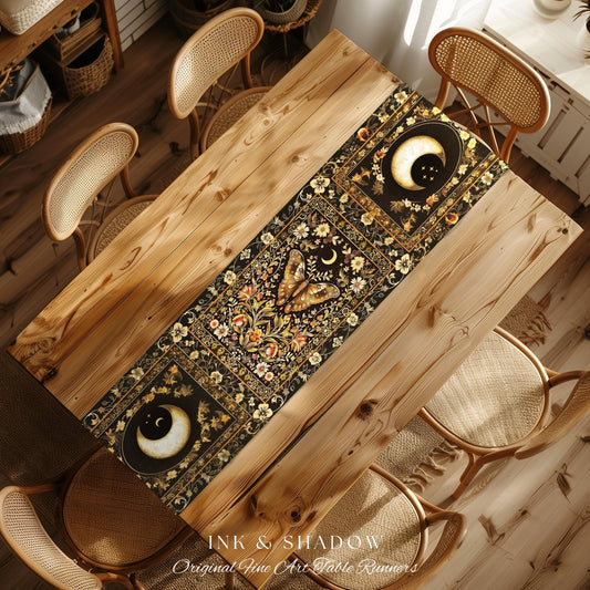 Whimsical Moth Table Runner Cottagecore Rustic Home Decor | Mystic Floral Butterfly Aesthetic Moth Dining Room Bohemian Fairycore Gift Cute