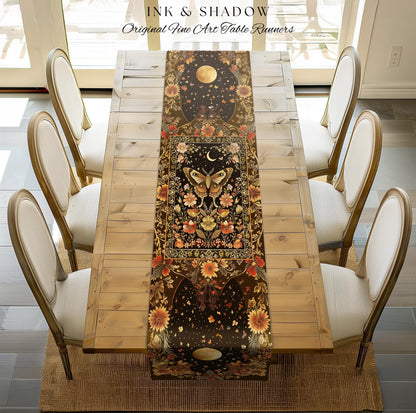 Rustic Floral Cottageore Moth Table Runner Vintage Aesthetic Fairycore Dining Room Decor | Dark Academia Botanical Butterfly Moth Witchy |