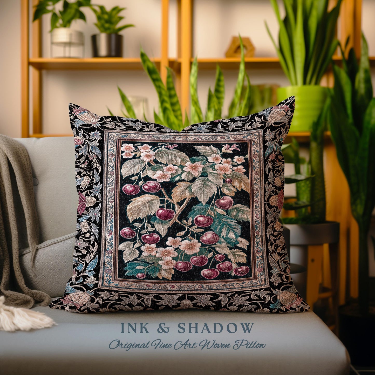 Dark Romantic Cherry Blossom Decorative Cushion Tapestry Throw Pillow