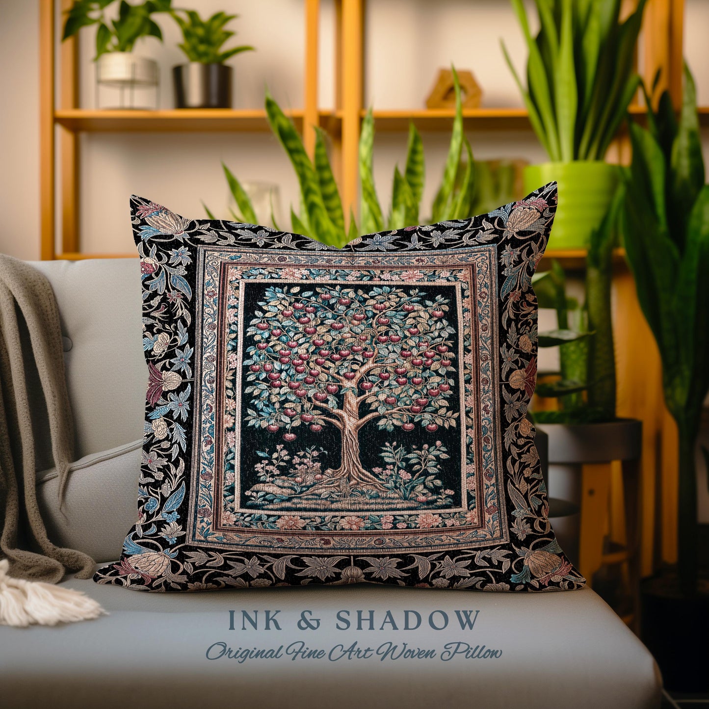 Medieval Cherry Tree of Life Decorative Cushion Tapestry Throw Pillow