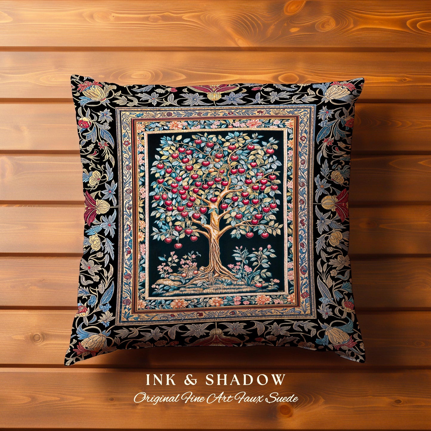 Medieval Cherry Tree of Life Decorative Cushion Tapestry Throw Pillow