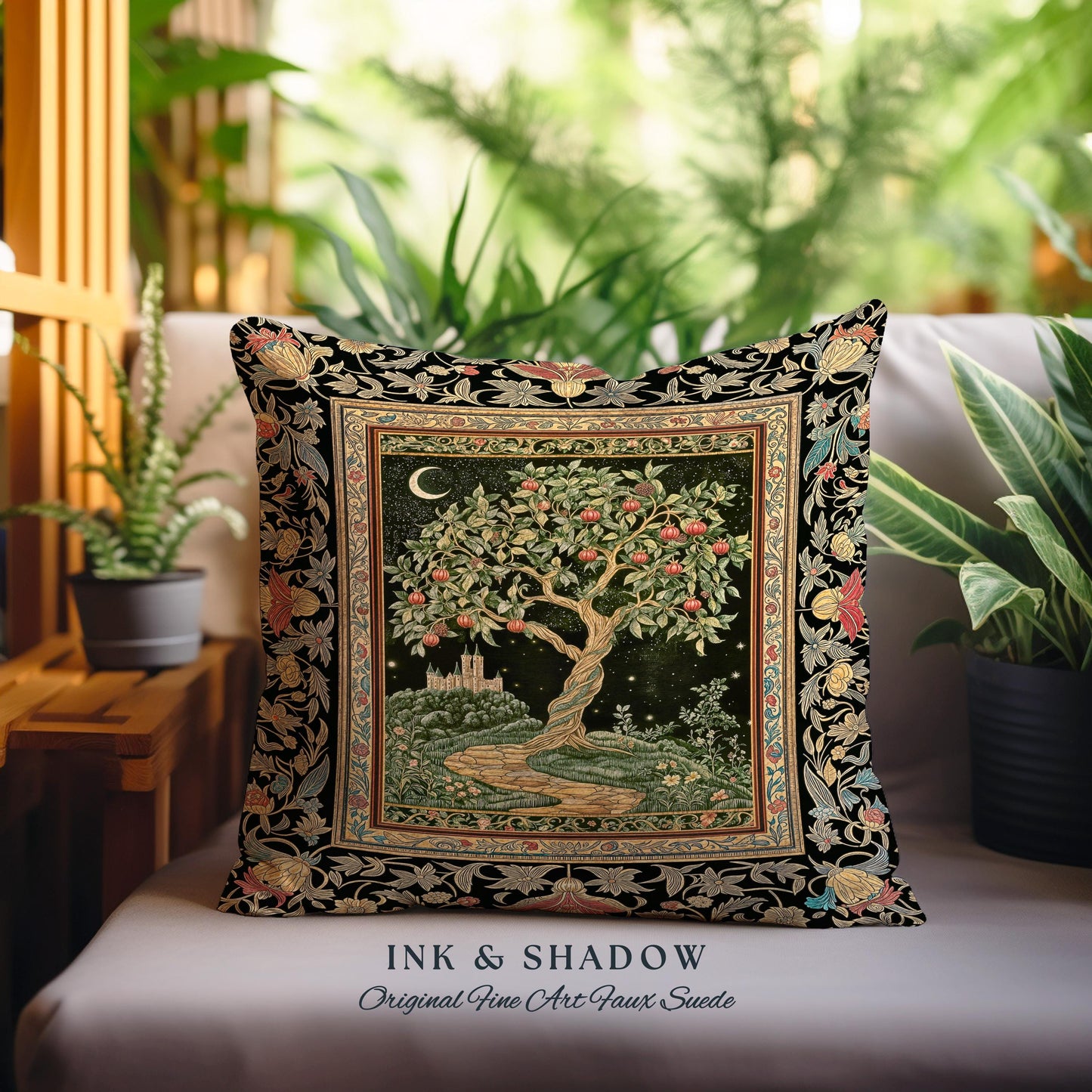 Moonlit Magic Whimsical Tree Tapestry Pillow Decorative Throw Cushion