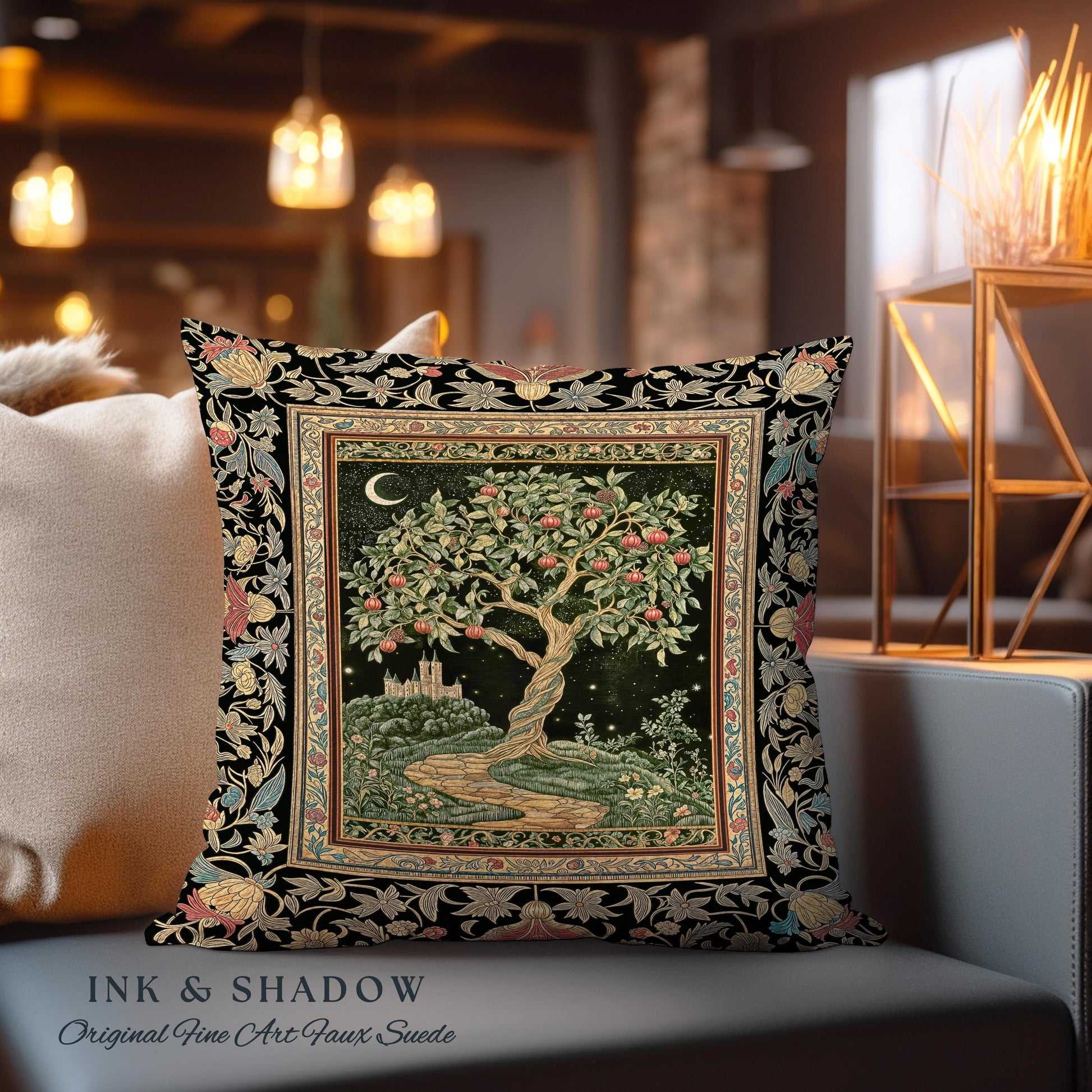 Moonlit Magic Whimsical Tree Tapestry Pillow Decorative Throw Cushion