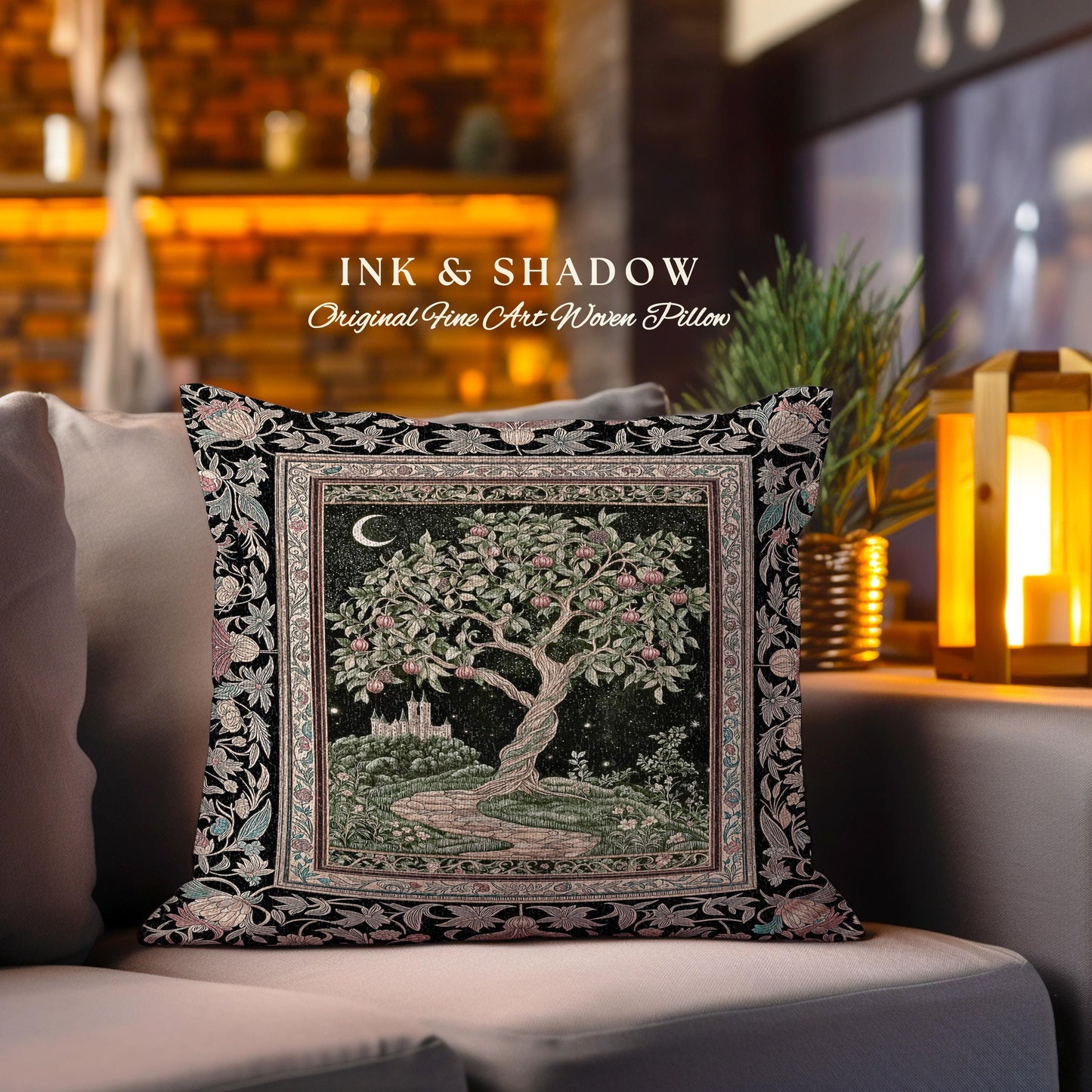 Moonlit Magic Whimsical Tree Tapestry Pillow Decorative Throw Cushion